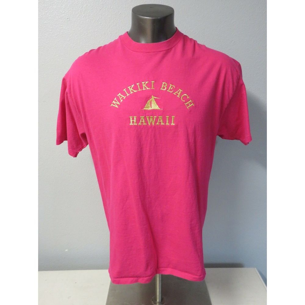 Mens Waikiki Beach Hawaii Vintage T Shirt Single Stitch Pink Size XL Cotton